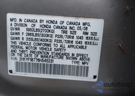 2006 Honda Pilot Ex-L from USA, damaged, VIN 2HKYF18776H545231